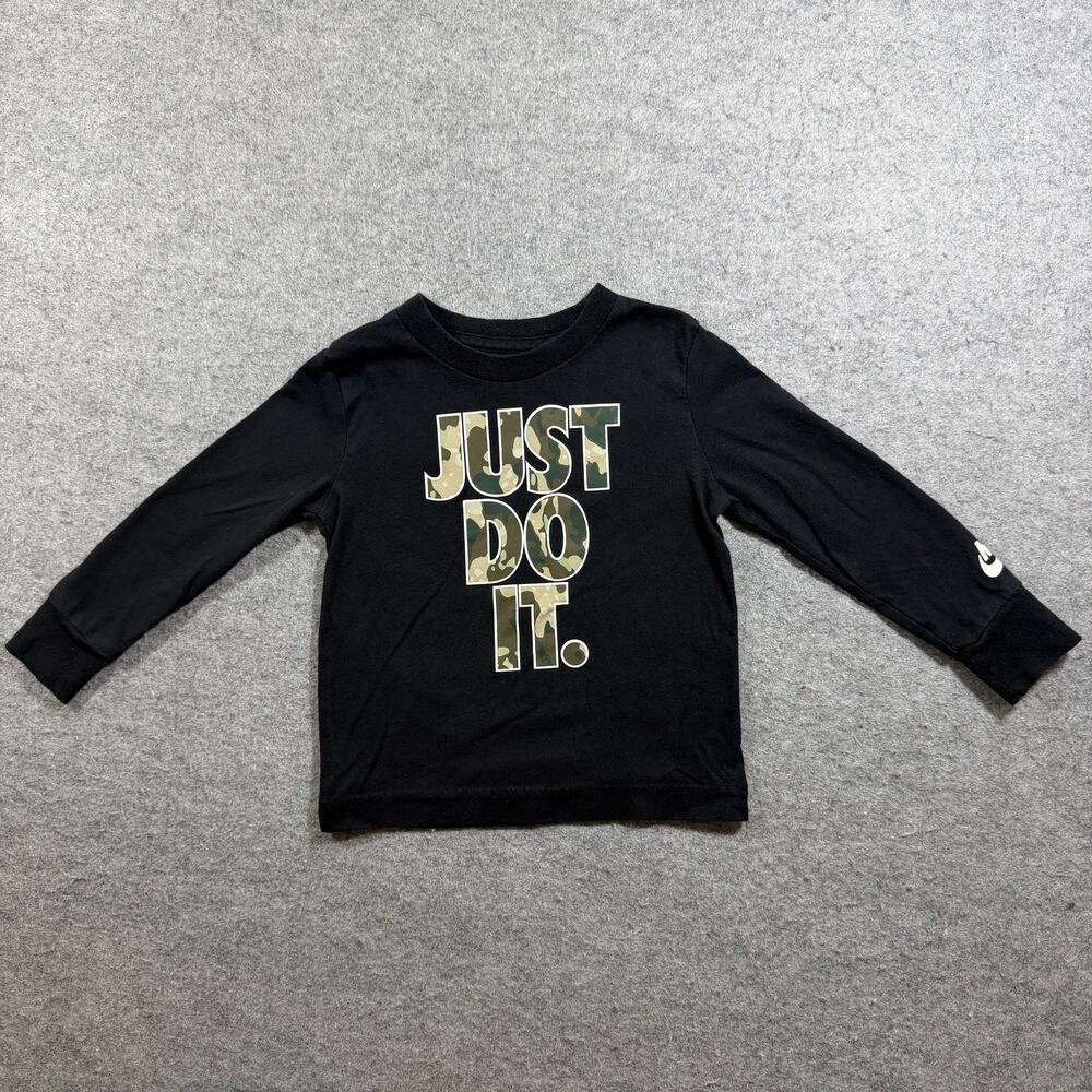 Nike Just Do It T Shirt Boys 2T Black Long Sleeve Camo Swoosh Graphic Tee